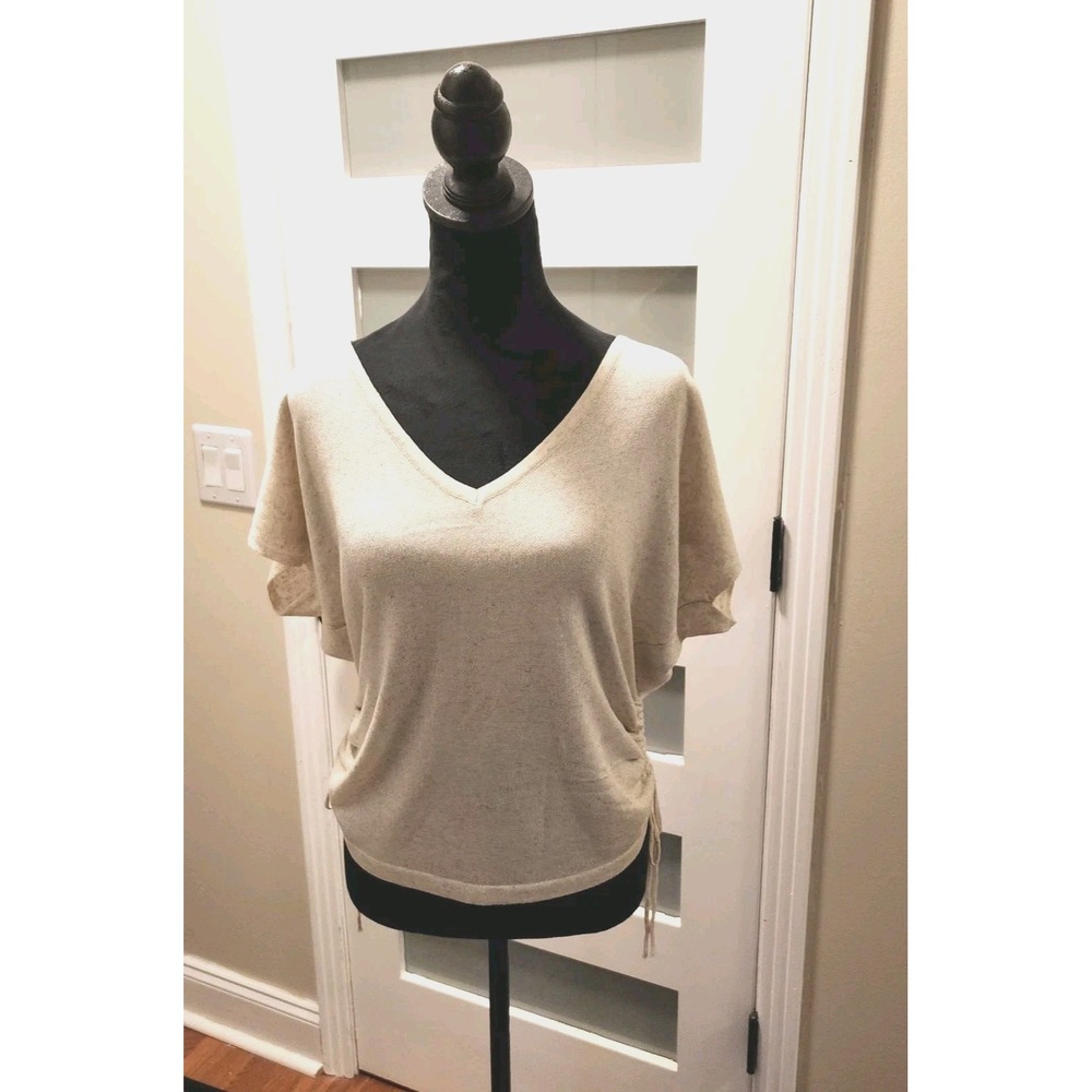 Max Studio V Neck Short Sleeve Top with Side Ties Size LG in Oyster